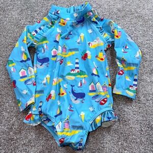 Baby Boden Nautical Seaside Print Long Sleeve Rash Guard Swimsuit Blue 12-18M